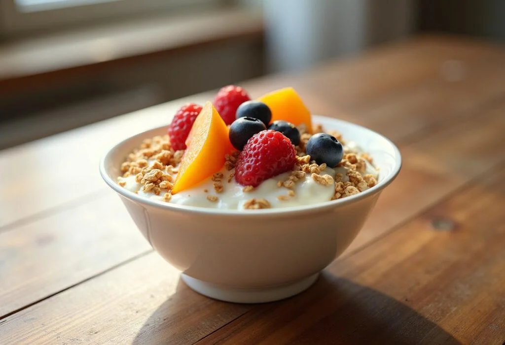 Delicious Yoplait vanilla yogurt served with fruits and granola, a nutritious and tasty treat.