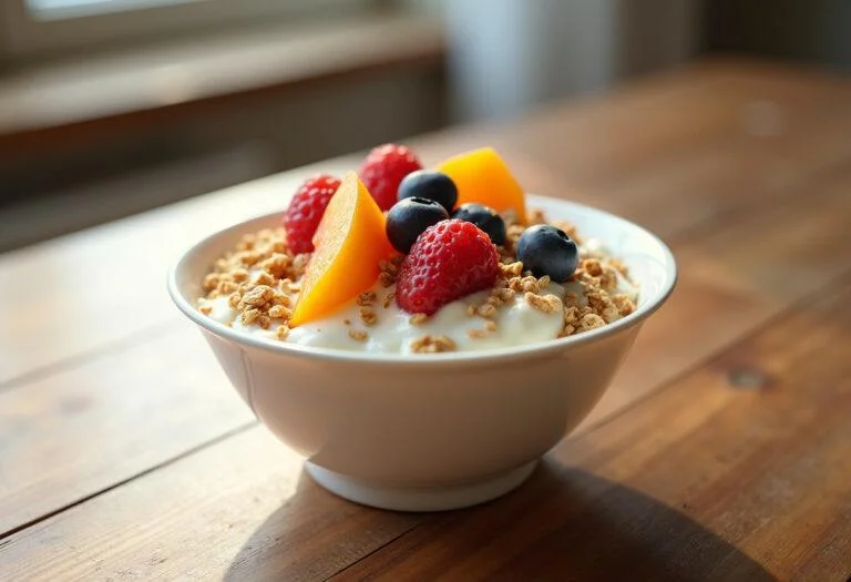 Delicious Yoplait vanilla yogurt served with fruits and granola, a nutritious and tasty treat.