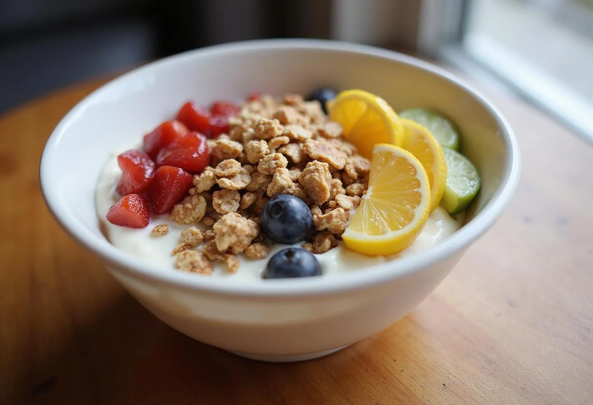 Delicious Yoplait vanilla yogurt served with fruits and granola, a nutritious and tasty treat.