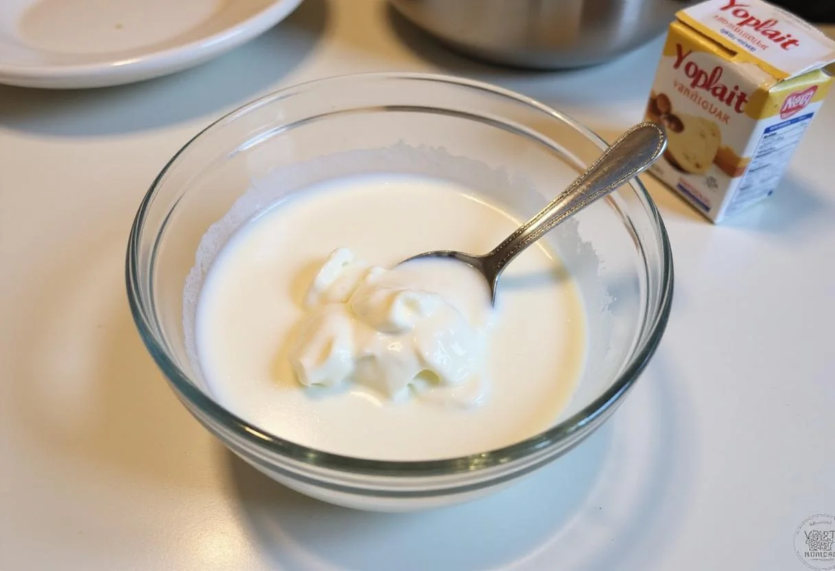 Making Yoplait yogurt with milk and cultures for a creamy vanilla flavor.