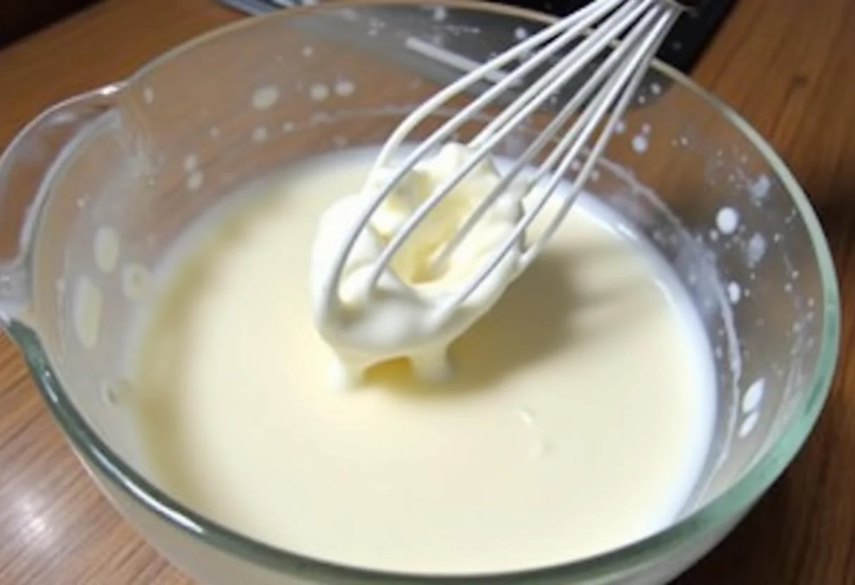 Stirring Yoplait yogurt into the milk mixture for a delicious homemade yogurt.