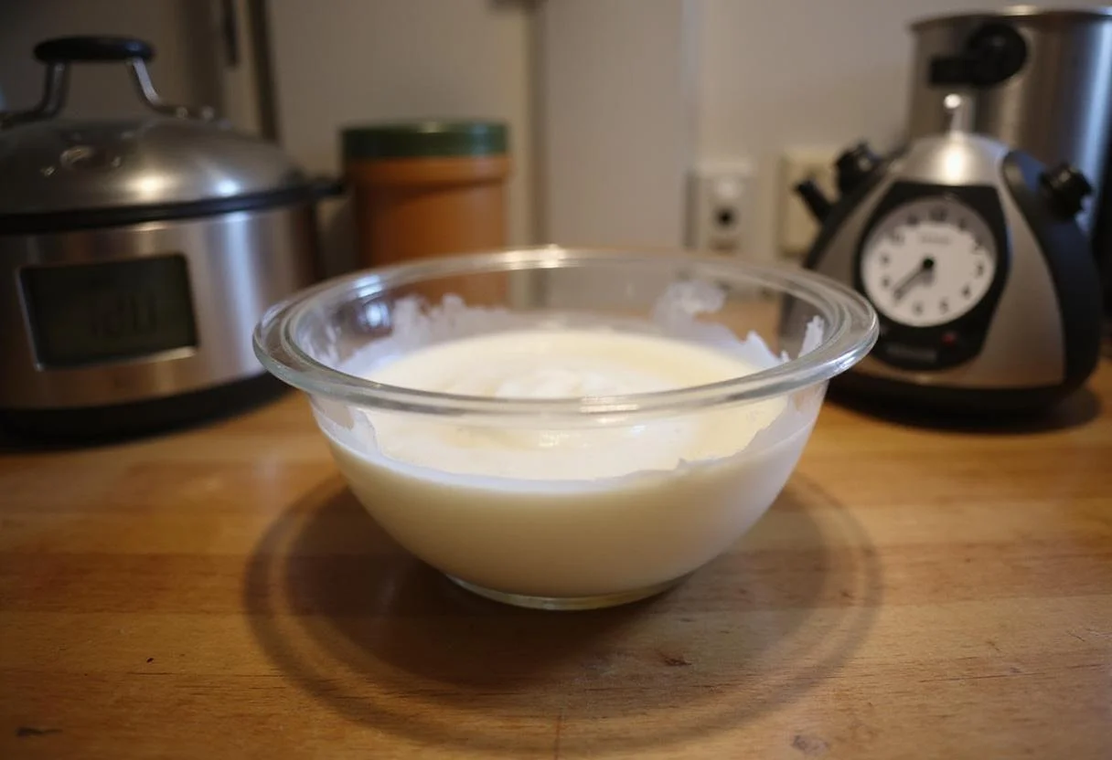 Fermenting Yoplait yogurt mixture in a warm spot to achieve the perfect consistency.