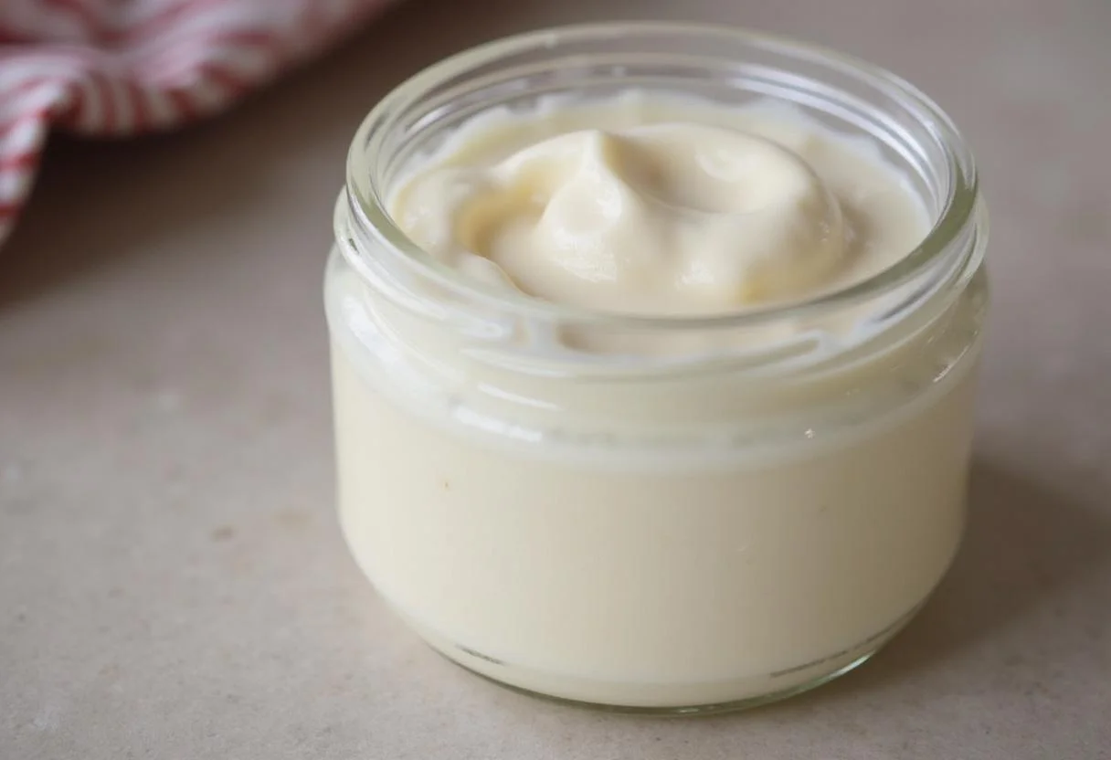 Filling a jar with homemade Yoplait yogurt, a perfect creamy dessert packed with flavors.
