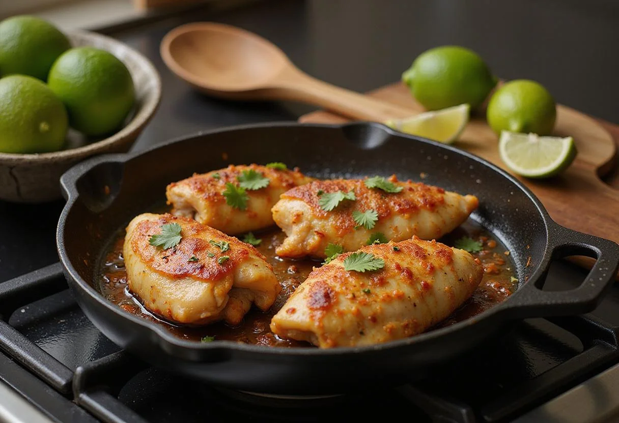 Cooking chili lime chicken in a skillet, creating a delicious Zesty Tangy Chili Lime Treat that is bursting with flavor.