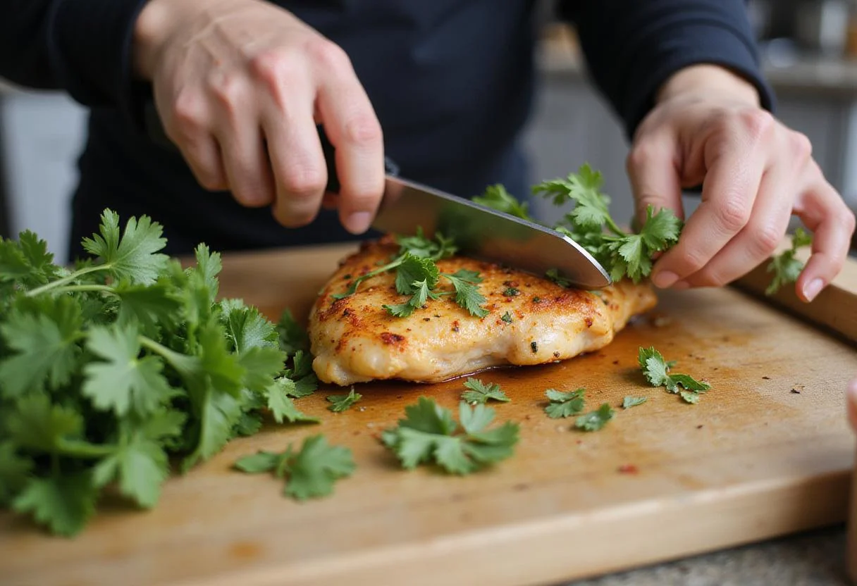 Preparing ingredients for garnish, highlighting the fresh taste in the Zesty Tangy Chili Lime Treat chicken recipe.