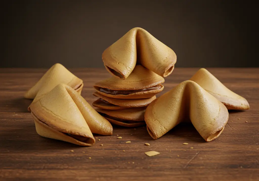 Beautifully arranged mystical fortune cookies with visible fortunes, ready for enjoyment in a decorative box.