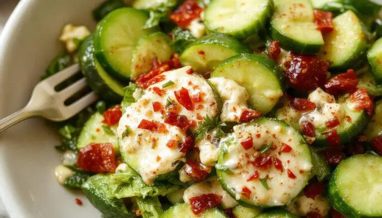 A vibrant bowl of cucumber and avocado salad featuring slices of fresh green cucumber and creamy avocado chunks, garnished with herbs. The salad is presented in a white ceramic bowl, accented with a few sprigs of cilantro and a drizzle of dressing, capturing a fresh and inviting summer vibe.
