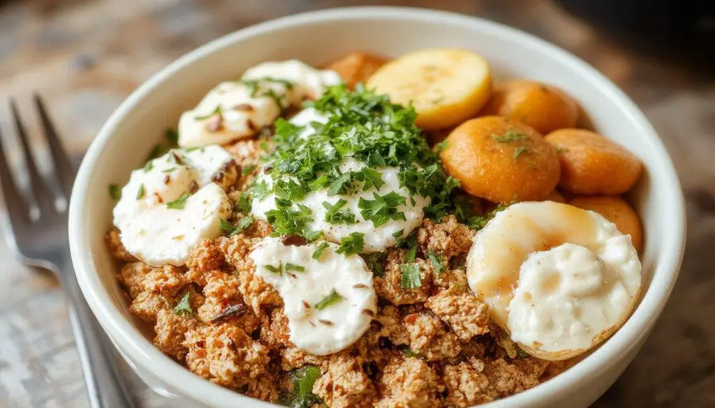 A vibrant bowl featuring cooked ground turkey topped with creamy cottage cheese, garnished with chopped herbs, colorful vegetables, and a drizzle of sauce. The ingredients are arranged appealingly, showcasing a balance of textures and freshness with a clean, modern presentation.