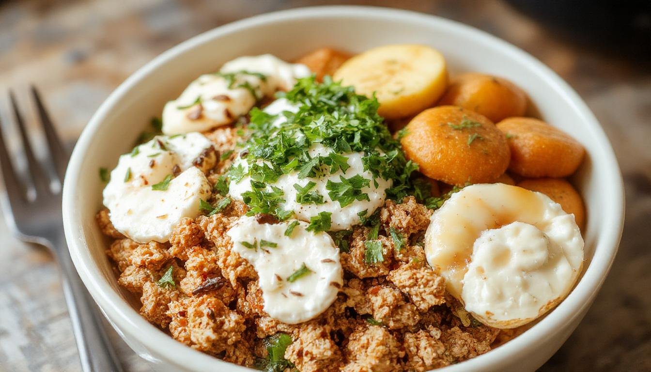 A vibrant bowl featuring cooked ground turkey topped with creamy cottage cheese, garnished with chopped herbs, colorful vegetables, and a drizzle of sauce. The ingredients are arranged appealingly, showcasing a balance of textures and freshness with a clean, modern presentation.