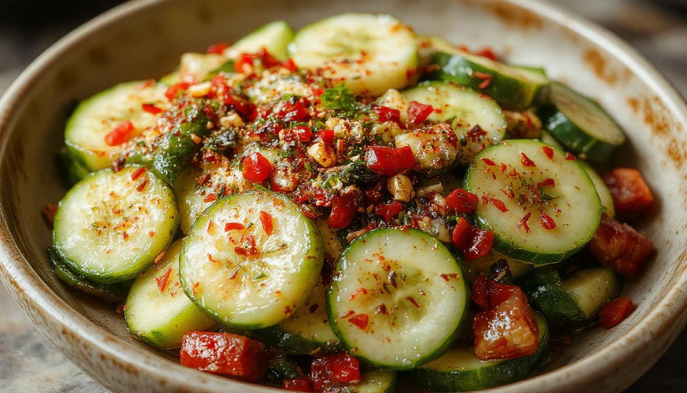 A vibrant bowl of Asian cucumber salad featuring thinly sliced cucumbers coated in a tangy, spicy dressing with sesame seeds and chopped herbs on top, served in a clean white dish with colorful garnishes.