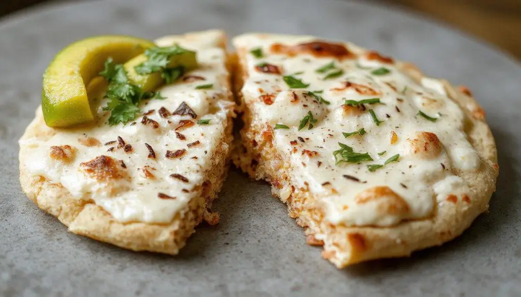 A close-up of a golden-brown cottage cheese flatbread topped with fresh herbs, sliced into wedges. The crispy edges contrast with the soft interior, with a sprinkle of herbs adding vibrant green accents. The flatbread is presented on a rustic wooden board, showcasing its texture and inviting appearance.