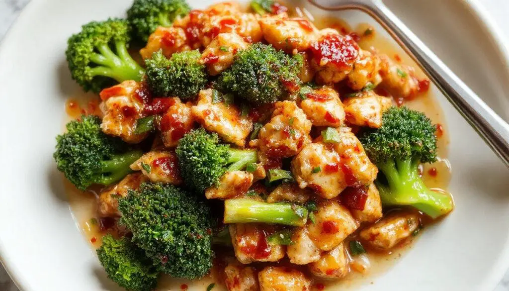 A vibrant plate of stir-fried ground chicken and bright green broccoli florets glazed with a glossy, spicy honey Sriracha sauce, garnished with sesame seeds and chopped green onions on a rustic wooden table.