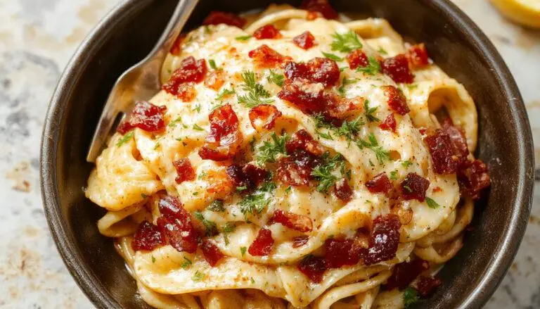 A close-up of a white ceramic plate holding creamy bacon carbonara pasta, topped with crispy bacon bits and freshly grated Parmesan cheese. The pasta is coated in a glossy, rich sauce with visible black pepper specks. The dish is garnished with a sprig of parsley, with a rustic wooden table and lemon wedge in the background adding warmth and contrast.
