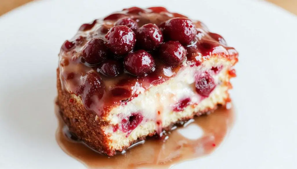 A slice of the flourless yogurt cake on a white plate, showcasing its creamy, dense texture with a smooth surface and slightly browned edges, garnished with fresh berries and a sprig of mint, shot against a rustic wooden background.