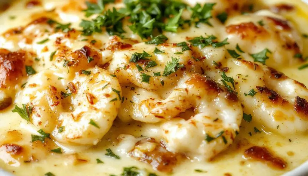 A golden-brown cheesy seafood gratin served in a rustic ceramic dish, topped with melted cheese and garnished with fresh herbs, with visible shrimp, scallops, and a creamy sauce peeking through the crispy crust
