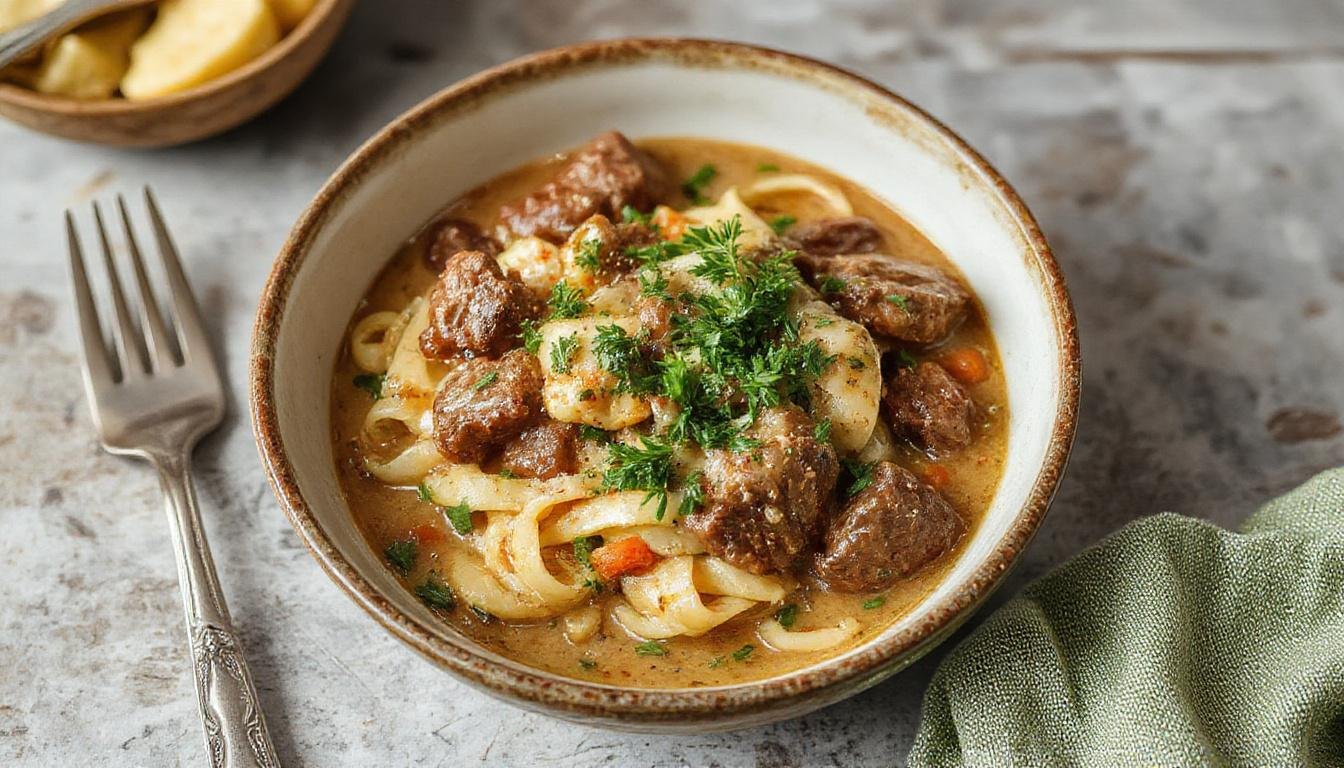 A steaming bowl of creamy beef and noodles garnished with chopped parsley, featuring tender beef slices, thick noodles coated in a rich sauce, set on a rustic wooden table