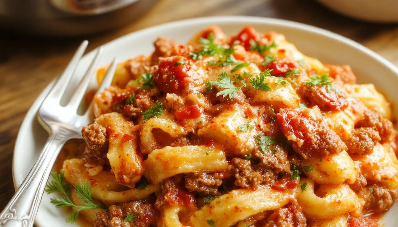 A steaming plate of creamy Rotel pasta topped with seasoned ground beef, garnished with chopped cilantro and shredded cheese. The pasta is coated in a rich, creamy sauce with visible bits of diced tomatoes and melted cheese, served on a rustic white plate with a fork resting beside it. The vibrant red and green of the tomatoes and herbs contrast beautifully with the smooth, creamy pasta.