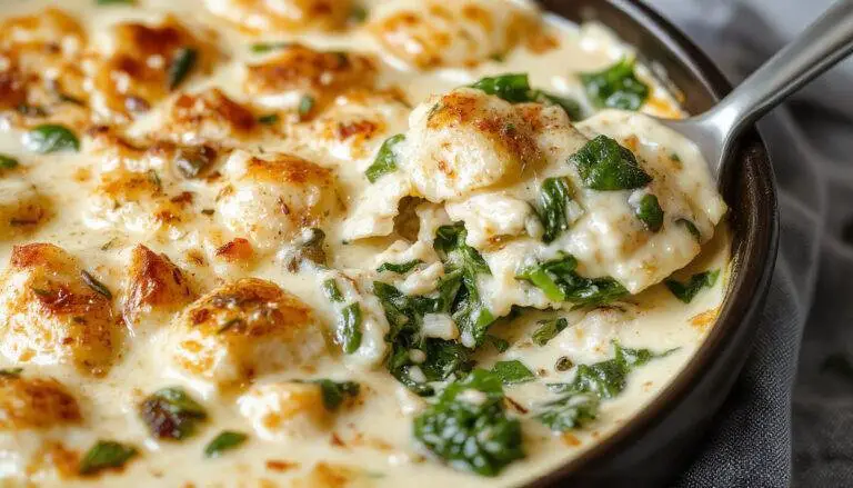 A square white casserole dish filled with a golden-brown baked creamy chicken and spinach casserole. The creamy sauce bubbles at the edges, with vibrant green spinach and tender shredded chicken visible through a slightly crispy top layer. Garnished with a sprinkle of fresh herbs, the dish is presented on a rustic wooden table with a serving spoon nearby.