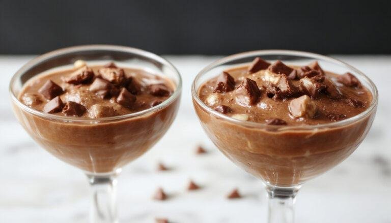 A smooth, glossy chocolate protein pudding in a clear glass bowl topped with a few fresh raspberries and a sprinkle of cocoa powder, with a spoon resting beside it. The pudding has a rich, dark chocolate color and a velvety texture, presented on a clean, white surface with a minimalist background.