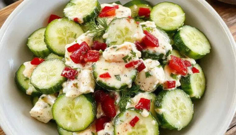 A vibrant bowl of creamy cucumber salad featuring thinly sliced fresh cucumbers coated in a smooth, white dressing, garnished with chopped herbs, set on a rustic wooden table with a bright, summery background.
