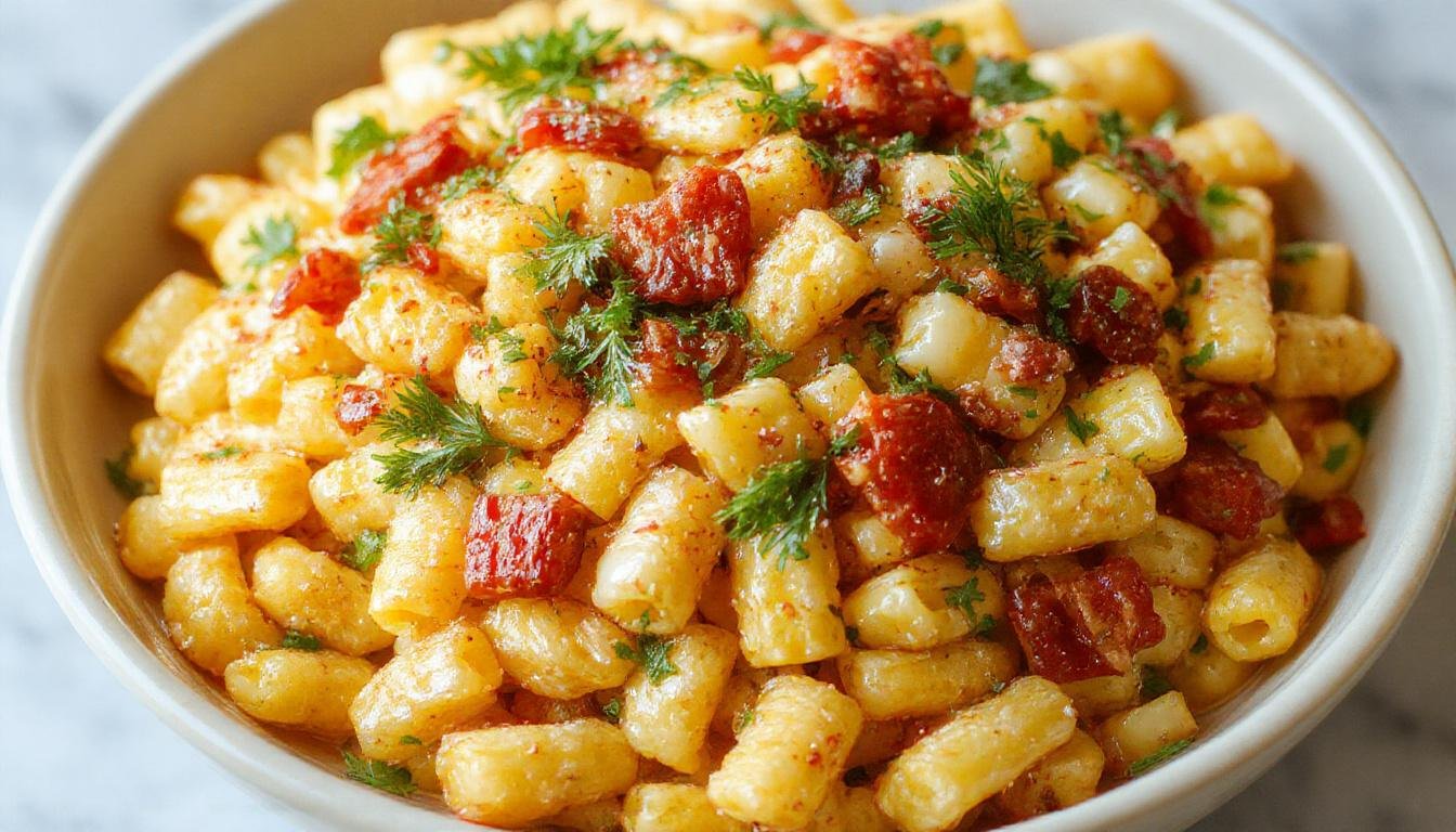 A vibrant bowl of street corn pasta salad featuring spiral pasta coated in a creamy yellow sauce, topped with fresh chopped cilantro, bright red cherry tomatoes, and charred corn kernels. The salad is garnished with crumbled cheese and slices of lime, arranged on a rustic wooden platter against a colorful background, highlighting its fresh ingredients and appealing textures.