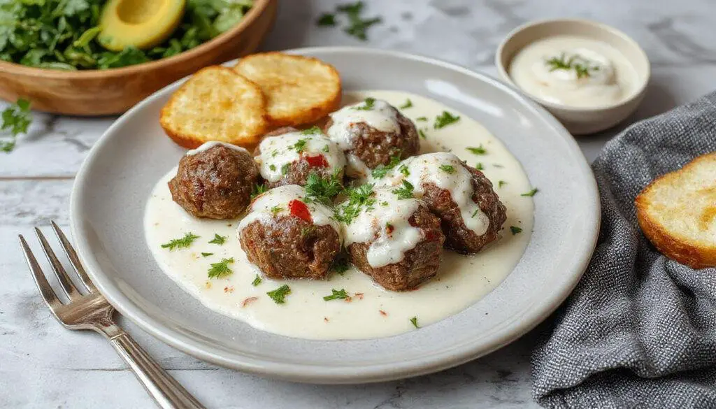 Plated beef kofta balls with a golden-brown exterior, arranged on a white ceramic plate garnished with fresh herbs, served alongside a creamy garlic yogurt sauce drizzled over the top. The dish is accompanied by lemon wedges and a side of cooked rice, set against a rustic wooden table.