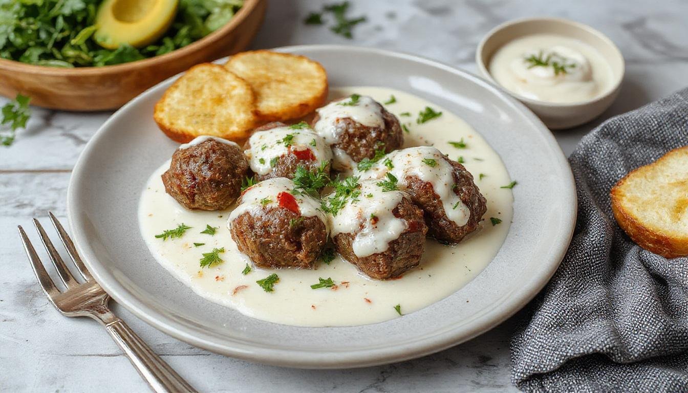 Plated beef kofta balls with a golden-brown exterior, arranged on a white ceramic plate garnished with fresh herbs, served alongside a creamy garlic yogurt sauce drizzled over the top. The dish is accompanied by lemon wedges and a side of cooked rice, set against a rustic wooden table.
