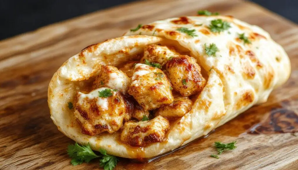 A close-up of a gyro platter featuring sliced marinated Greek chicken, wrapped in warm pita bread with fresh tomatoes, onions, and a drizzle of tzatziki sauce. The chicken is golden-brown with visible herbs, and the gyro is garnished with fresh parsley, presented on a rustic wooden table.