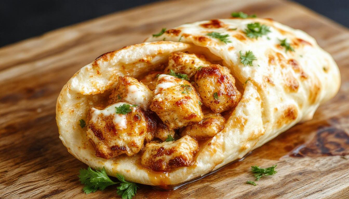 A close-up of a gyro platter featuring sliced marinated Greek chicken, wrapped in warm pita bread with fresh tomatoes, onions, and a drizzle of tzatziki sauce. The chicken is golden-brown with visible herbs, and the gyro is garnished with fresh parsley, presented on a rustic wooden table.