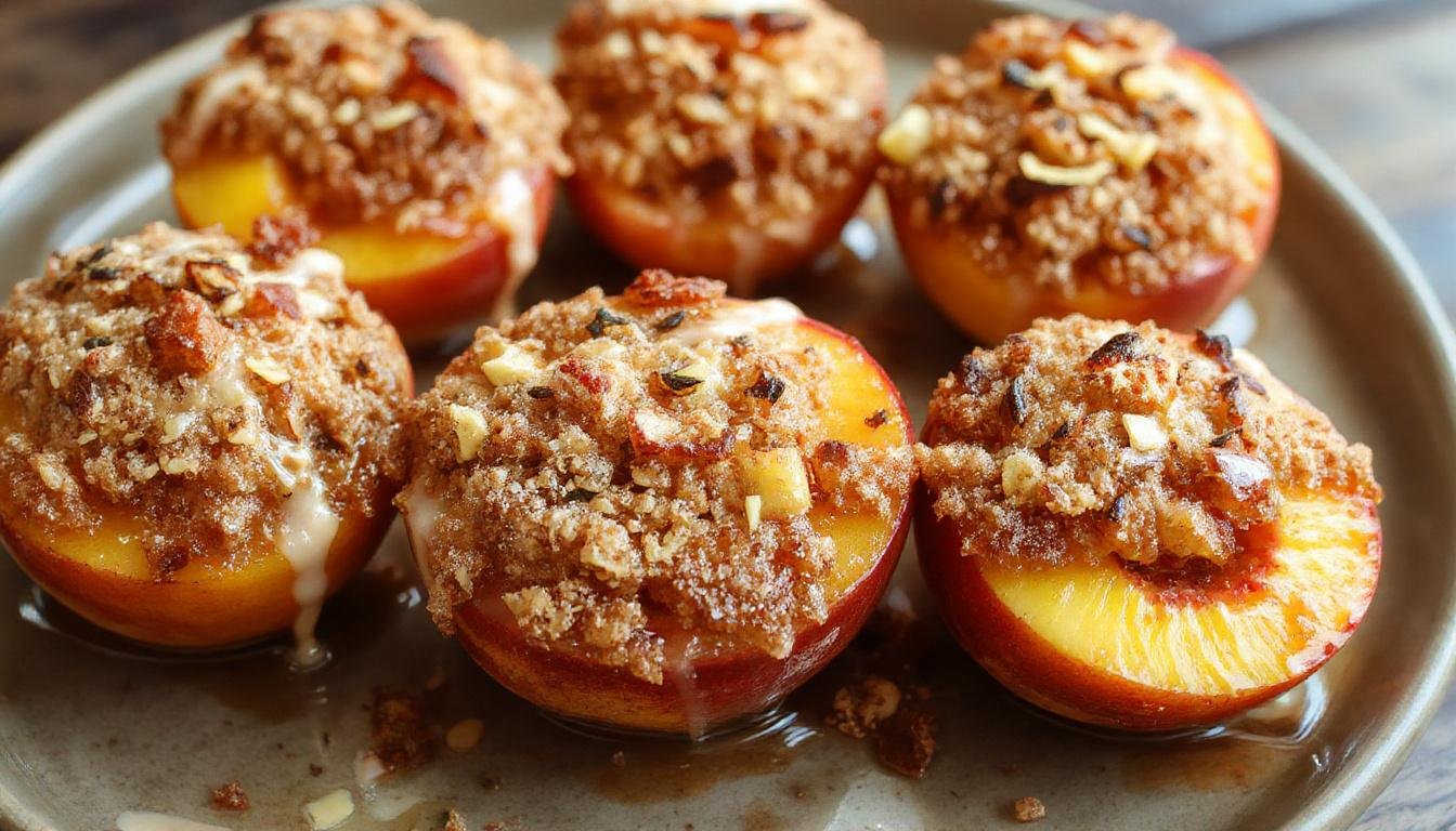 A close-up image of halved ripe peaches topped with a golden brown brown sugar crumble, arranged on a rustic ceramic plate with a sprinkle of cinnamon and a few mint leaves for garnish. The peaches are warm, tender, and glistening, contrasting with the crunchy crumble texture and the vibrant orange and yellow hues.
