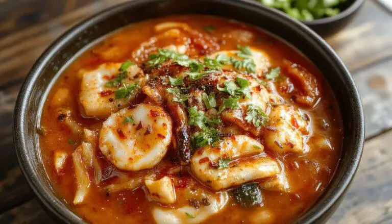 A steaming bowl of spicy Korean ramen noodles garnished with sliced green onions, a soft-boiled egg halved revealing a runny yolk, bright red spicy broth with chili flakes, and tender noodles neatly arranged. The bowl is placed on a rustic wooden surface with chopsticks resting on the side, capturing the vibrant colors and inviting textures.