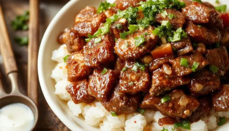 A sizzling plate of Mongolian beef featuring tender, caramelized beef strips coated in a glossy, dark sauce, garnished with green onions and sesame seeds, served on a rustic white plate with a slight sheen and fresh herbs around.