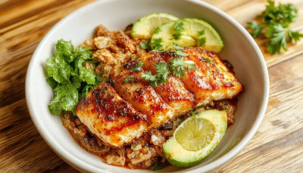 A vibrant blackened fish taco bowl features flaky, blackened seasoned fish topped with fresh diced tomatoes, shredded lettuce, and drizzled with creamy sauce. The bowl is styled with colorful ingredients arranged attractively, highlighting the contrasting dark fish against bright toppings, served in a rustic ceramic bowl on a wooden surface.