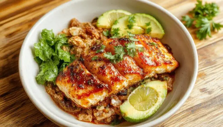 A vibrant blackened fish taco bowl features flaky, blackened seasoned fish topped with fresh diced tomatoes, shredded lettuce, and drizzled with creamy sauce. The bowl is styled with colorful ingredients arranged attractively, highlighting the contrasting dark fish against bright toppings, served in a rustic ceramic bowl on a wooden surface.