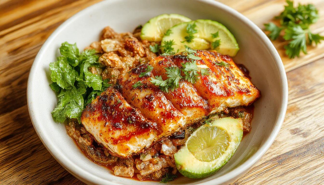 A vibrant blackened fish taco bowl features flaky, blackened seasoned fish topped with fresh diced tomatoes, shredded lettuce, and drizzled with creamy sauce. The bowl is styled with colorful ingredients arranged attractively, highlighting the contrasting dark fish against bright toppings, served in a rustic ceramic bowl on a wooden surface.