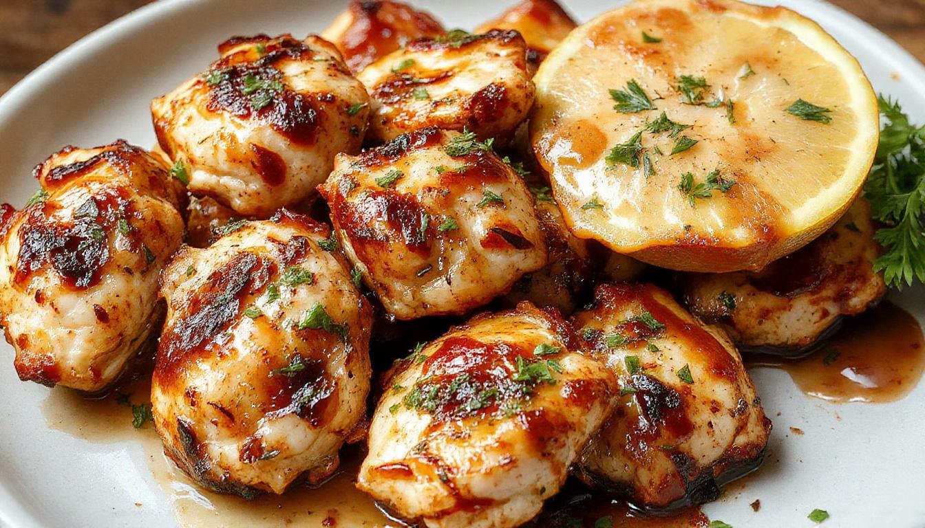 A close-up of several juicy grilled chicken bites with a smoky charred exterior, garnished with fresh herbs and drizzled with creamy garlic sauce on a rustic wooden platter.