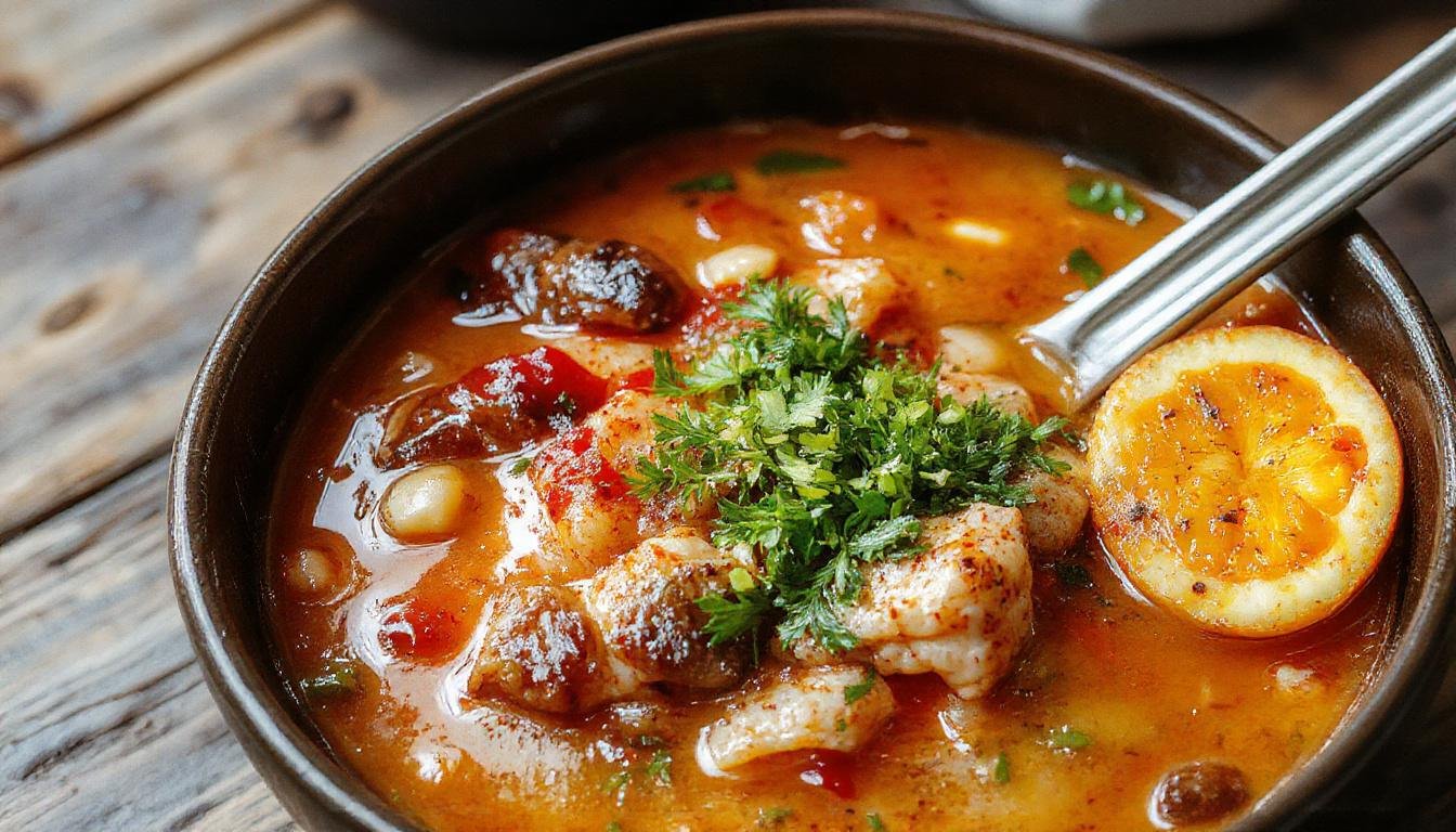A steaming bowl of spicy Korean ramen noodles showing vibrant red broth, topped with sliced green onions, soft-boiled eggs, and slices of pork belly. Noodles are thick and coated with the chili-infused broth, with a backdrop of fresh ingredients and a rustic wooden table.