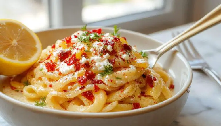 A vibrant plate of Lemon Ricotta Pasta featuring creamy, lemon-yellow sauce coating al dente pasta, topped with fresh basil and grated cheese, presented on a rustic white dish with a lemon wedge on the side.