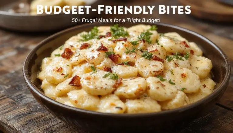 A variety of small, colorful plates showcasing budget-friendly meals arranged neatly on a rustic wooden table. Dishes include rice bowls, pasta, and veggie stir-fries, all vividly plated with fresh ingredients and simple garnishes, highlighting affordability and hearty comfort.