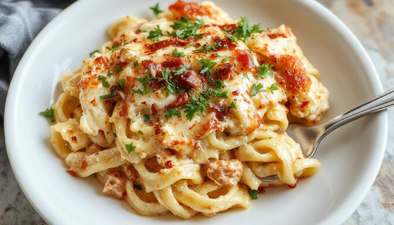A golden-brown baked pasta dish topped with melted cheese, revealing tender pieces of chicken, vibrant red and green bell peppers, and a creamy sauce in a rustic ceramic baking dish.