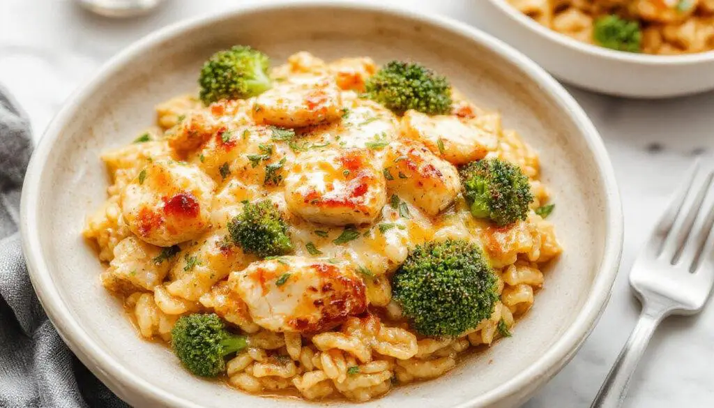 A vibrant plate showcasing creamy cheesy chicken and tender broccoli florets mixed with golden orzo pasta, garnished with melted cheese and fresh herbs, arranged on a white ceramic dish against a rustic wooden background.