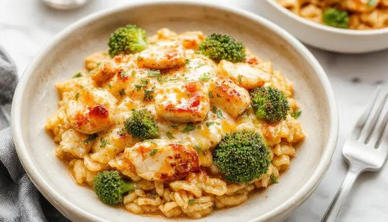 A vibrant plate showcasing creamy cheesy chicken and tender broccoli florets mixed with golden orzo pasta, garnished with melted cheese and fresh herbs, arranged on a white ceramic dish against a rustic wooden background.
