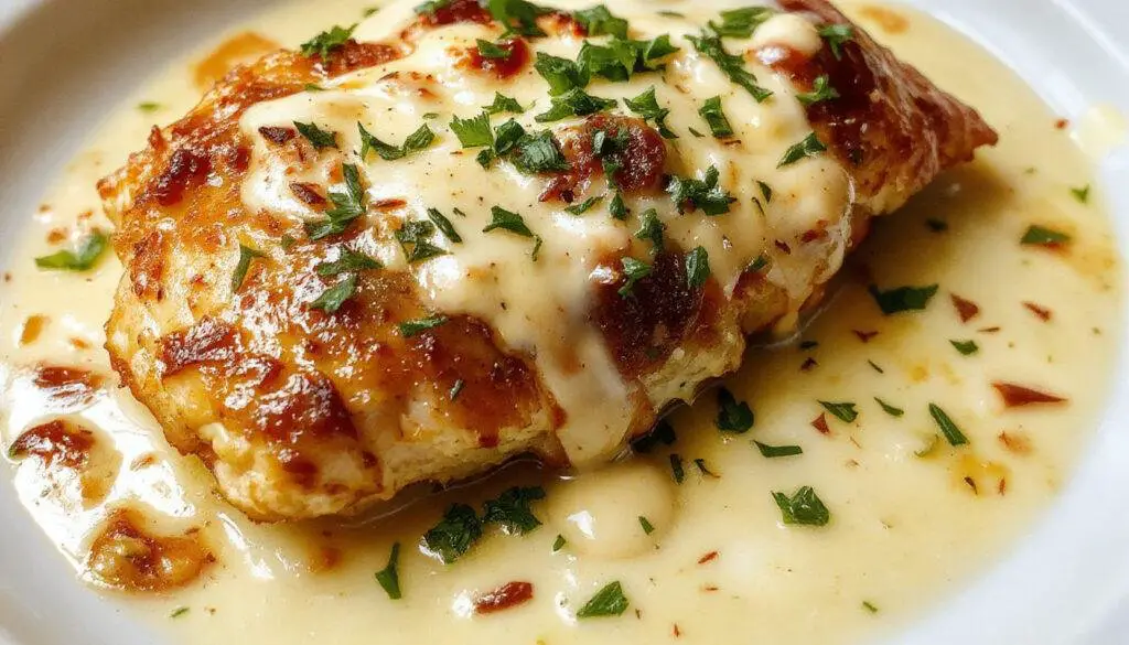 A golden-brown chicken breast smothered in creamy, melted cheese and rich sour cream sauce, garnished with chopped herbs on a rustic plate.