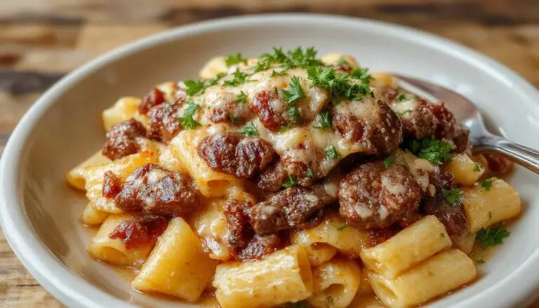 A close-up of a serving plate featuring al dente bowtie pasta coated in a creamy, cheesy garlic butter sauce, topped with tender slices of seasoned beef, garnished with chopped parsley, and drizzled with melted cheese, creating a rich and inviting texture with vibrant colors.