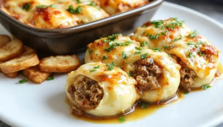 A close-up of cheesy stuffed shells arranged artfully on a white plate, filled with ground beef and melted cheese, topped with fresh herbs, and served with a side of marinara sauce. The shells are golden with bubbling cheese and vibrant red sauce providing a colorful contrast.