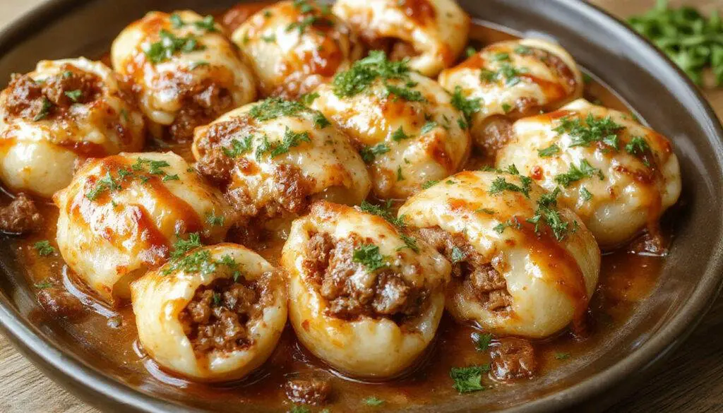 A close-up of cheesy stuffed pasta shells topped with melted golden cheese, filled with ground beef and ricotta, arranged on a white plate with fresh herbs garnish, showcasing rich textures and vibrant colors.