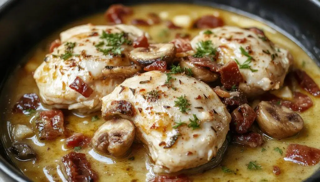 A close-up of a plated Chicken Riesling dish featuring tender chicken pieces in a creamy sauce with slices of crispy bacon and sautéed mushrooms, garnished with fresh herbs. The dish is beautifully presented on a white plate, highlighting the rich textures and appetizing colors of the sauce, bacon, and mushrooms.