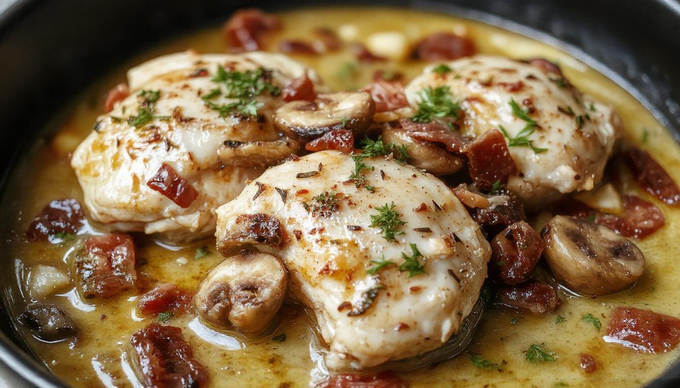 A close-up of a plated Chicken Riesling dish featuring tender chicken pieces in a creamy sauce with slices of crispy bacon and sautéed mushrooms, garnished with fresh herbs. The dish is beautifully presented on a white plate, highlighting the rich textures and appetizing colors of the sauce, bacon, and mushrooms.