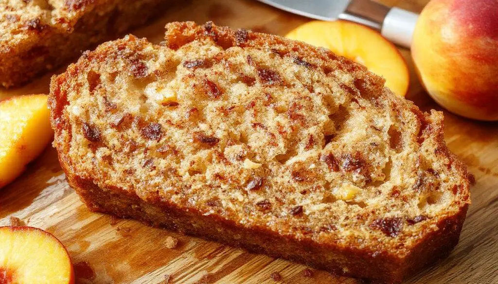 A golden-brown loaf of cinnamon peach bread sits on a rustic wooden table, sliced to reveal a moist interior with swirls of cinnamon and chunks of ripe peaches. The top is lightly sprinkled with cinnamon sugar, creating a textured crust that glistens slightly. Fresh peach slices and a dusting of cinnamon are visible on the plate, complemented by a small dish of butter nearby.