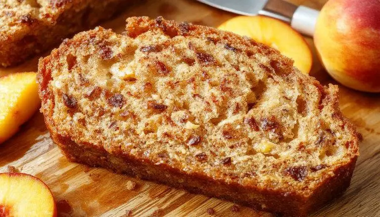 A golden-brown loaf of cinnamon peach bread sits on a rustic wooden table, sliced to reveal a moist interior with swirls of cinnamon and chunks of ripe peaches. The top is lightly sprinkled with cinnamon sugar, creating a textured crust that glistens slightly. Fresh peach slices and a dusting of cinnamon are visible on the plate, complemented by a small dish of butter nearby.